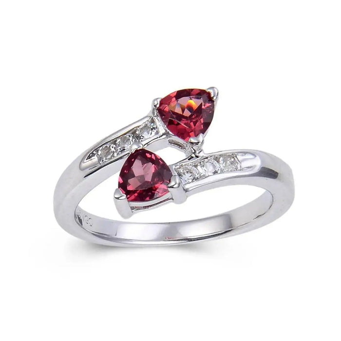 1.22 Ct Trillion Red Garnet and White Topaz Prong Silver Dual Stone Ring by Fine Color Jewels