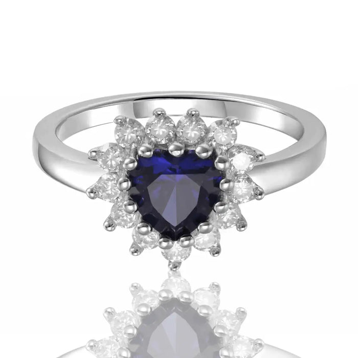 1.22 Heart Created Blue Sapphire and White Topaz Halo Ring by Fine Color Jewels
