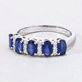 1.25 Ct Oval Blue Sapphire & Lab Diamond Prong Silver Half Eternity Band Five Stone Ring by Fine Color Jewels