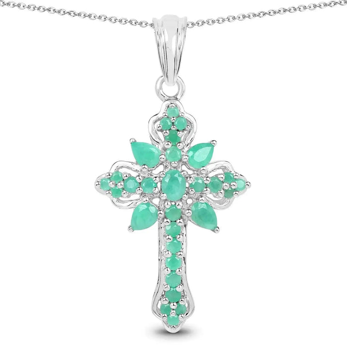 1.26 Ct Green Emerald Prong Silver Cross Pendant Necklace by Fine Color Jewels