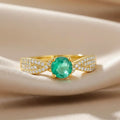 1.26 Ct Round Green Emerald and White Sapphire Prong 22K Gold Vermeil Pave Crossover Engagement Ring by Fine Color Jewels