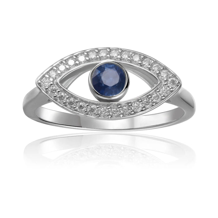 1.3 Ct Round Blue Sapphire Bezel Silver Evil Eye Ring by Fine Color Jewels