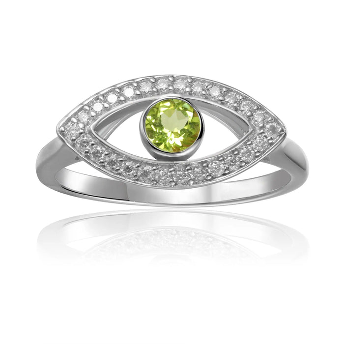 1.3 Ct Round Green Peridot Bezel Silver Evil Eye Ring by Fine Color Jewels