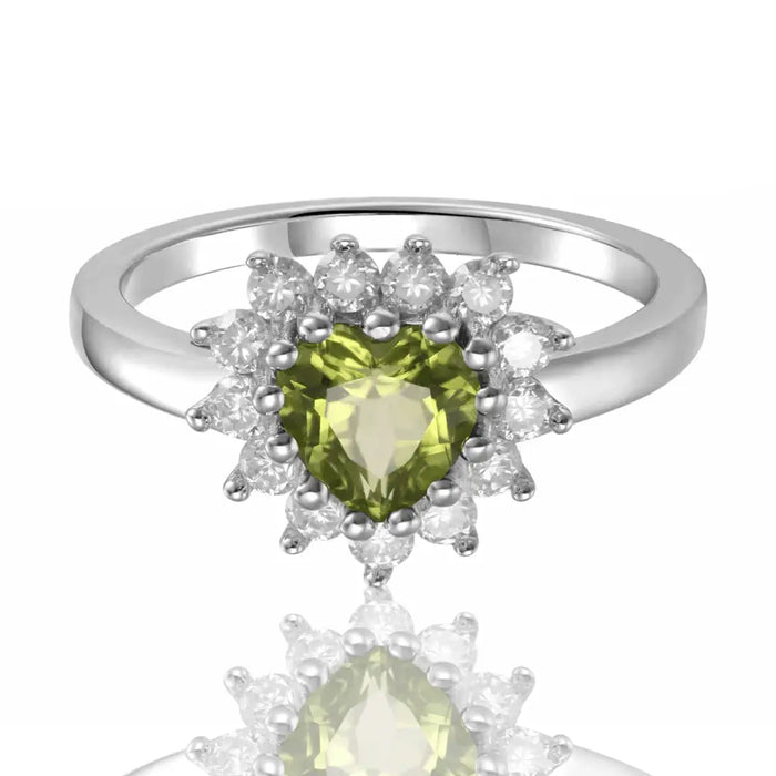 1.30 Ct Heart Olive Green Peridot and White Topaz Prong Silver Halo Ring by Fine Color Jewels
