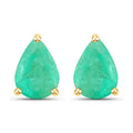 1.30 Ct Pear Green Zambian Emerald Prong 10k Gold Teardrop Stud Earrings by Fine Color Jewels