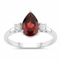 1.30 Ct Pear Red Mozambique Garnet and Lab Diamond Prong Silver Three Stone Ring by Fine Color Jewels