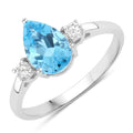 1.30 Ct Pear Swiss Blue Topaz and Lab Diamond Prong Silver Three Stone Ring by Fine Color Jewels