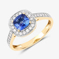 1.31 Ct Cushion Blue Sapphire and White Diamond Prong 18K Yellow Gold Halo Pave Bridge Ring by Fine Color Jewels