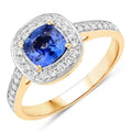 1.31 Ct Cushion Blue Sapphire and White Diamond Prong 18K Yellow Gold Halo Pave Bridge Ring by Fine Color Jewels