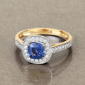 1.31 Ct Cushion Blue Sapphire and White Diamond Prong 18K Yellow Gold Halo Pave Bridge Ring by Fine Color Jewels