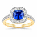 1.31 Ct Cushion Blue Sapphire and White Diamond Prong 18K Yellow Gold Halo Pave Bridge Ring by Fine Color Jewels