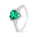 1.31 Ct Heart Green Colombian Lab Created Emerald and Moissanite Prong Silver Halo Wedding Ring by Fine Color Jewels