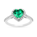1.31 Ct Heart Green Colombian Lab Created Emerald and Moissanite Prong Silver Halo Wedding Ring by Fine Color Jewels