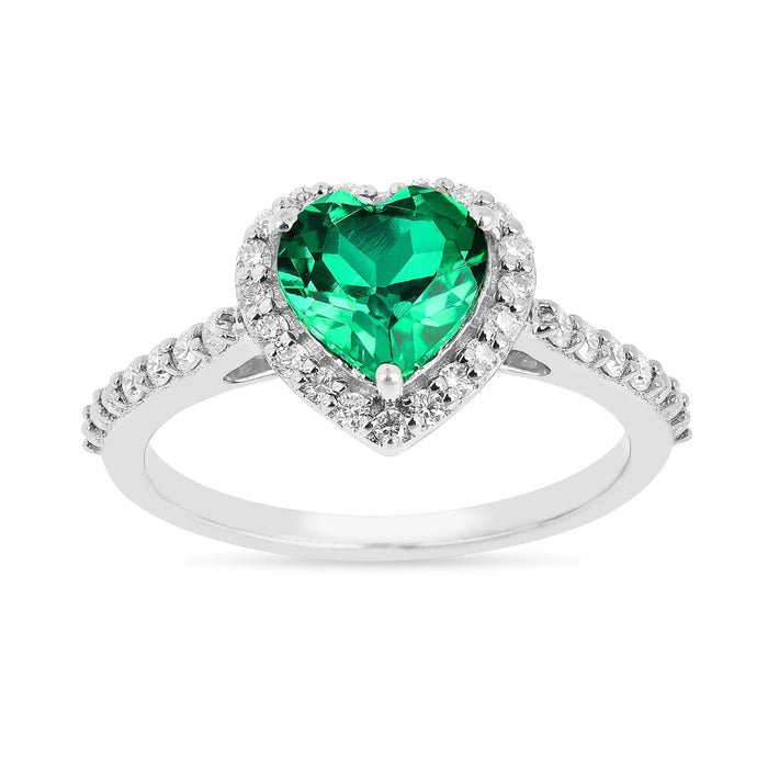 1.31 Ct Heart Green Colombian Lab Created Emerald and Moissanite Prong Silver Halo Wedding Ring by Fine Color Jewels