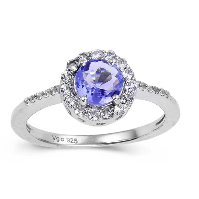 1.32 Ct Round Violet Tanzanite and White Topaz Prong Silver Halo Cocktail Ring by Fine Color Jewels