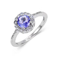 1.32 Ct Round Violet Tanzanite and White Topaz Prong Silver Halo Cocktail Ring by Fine Color Jewels