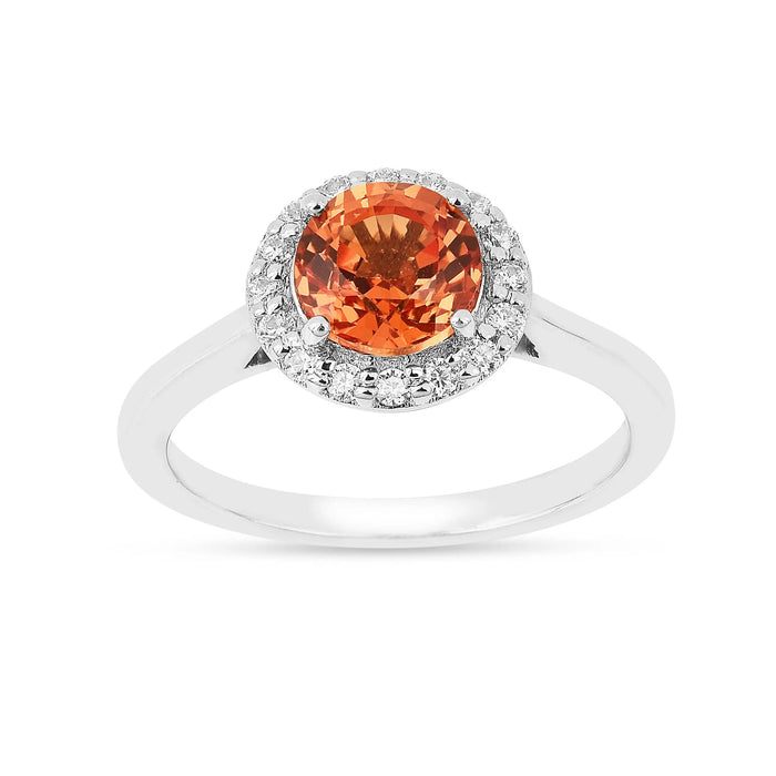 1.33 Ct Round Lab Created Peach Sapphire and Moissanite Prong Silver Halo Statement Ring by Fine Color Jewels