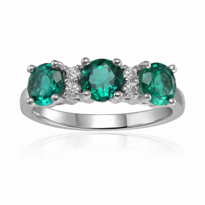 1.35 Ct Round Green Created Emerald Prong Silver Three Stone Engagement Ring by Fine Color Jewels