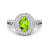1.39 Ct Oval Green Peridot and White Diamond Prong Silver Double Halo Pave Ring