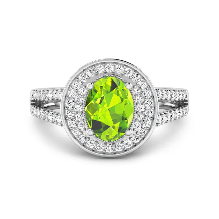 1.39 Ct Oval Green Peridot and White Diamond Prong Silver Double Halo Pave Ring by Fine Color Jewels