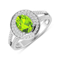 1.39 Ct Oval Green Peridot and White Diamond Prong Silver Double Halo Pave Ring by Fine Color Jewels