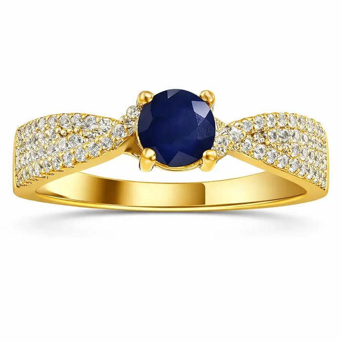 1.39 Ct Round Blue Sapphire and White Sapphire Prong 22K Gold Vermeil Engagement Ring by Fine Color Jewels