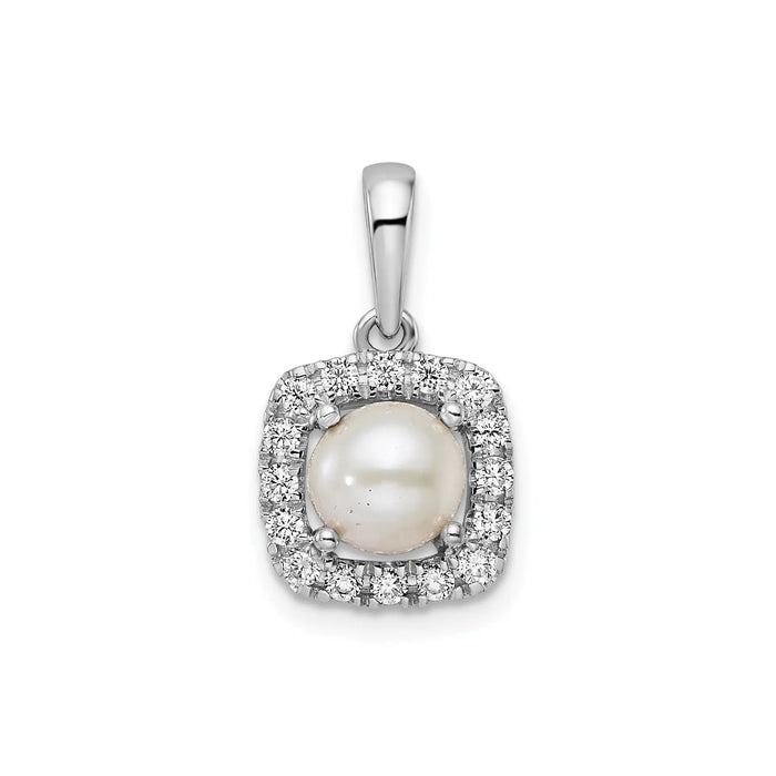 1/4 ct Lab Grown Diamond and Cultured Pearl Halo Pendant 14k White Gold by Fine Color Jewels