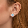 1.40 Ct Oval Blue Aquamarine & Diamond Prong 14k Gold Halo Stud Earrings by Fine Color Jewels