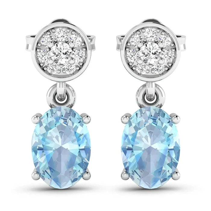 1.40 Ct Oval Blue Aquamarine & Diamond Prong 14K White Gold Dangle Earrings by Fine Color Jewels