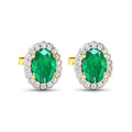 1.40 Ct Oval Green Zambian Emerald & Diamond Prong 14k Gold Halo Stud Earrings by Fine Color Jewels