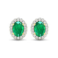 1.40 Ct Oval Green Zambian Emerald & Diamond Prong 14k Gold Halo Stud Earrings by Fine Color Jewels