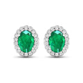 1.40 Ct Oval Green Zambian Emerald & Diamond Prong 14k Gold Halo Stud Earrings by Fine Color Jewels
