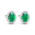 1.40 Ct Oval Green Zambian Emerald & Diamond Prong 14k Gold Halo Stud Earrings by Fine Color Jewels
