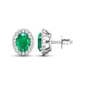 1.40 Ct Oval Green Zambian Emerald & Diamond Prong 14k Gold Halo Stud Earrings by Fine Color Jewels