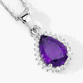 1.40 Ct pear purple Amethyst and Lab Diamond prong Silver Halo teardrop pendant Necklace by Fine Color Jewels