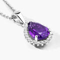 1.40 Ct pear purple Amethyst and Lab Diamond prong Silver Halo teardrop pendant Necklace by Fine Color Jewels