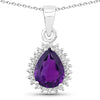 1.40 Ct pear purple Amethyst and Lab Diamond prong Silver Halo teardrop pendant Necklace