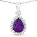 1.40 Ct pear purple Amethyst and Lab Diamond prong Silver Halo teardrop pendant Necklace by Fine Color Jewels