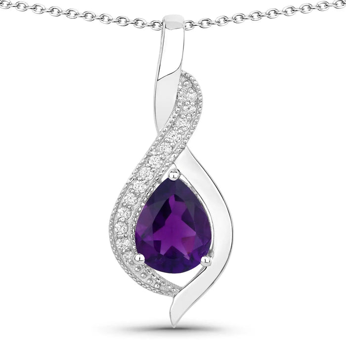 1.40 Ct Pear Purple Amethyst & Lab Diamond Prong Silver Teardrop Crossover Pendant Necklace by Fine Color Jewels