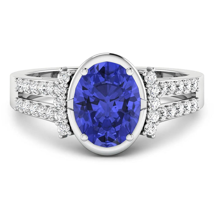 1.41 Ct Oval Violet Tanzanite & Lab Diamond Bezel 14K Gold Bridge Ring by Fine Color Jewels