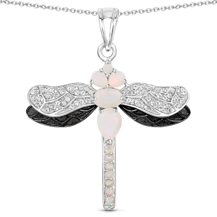 1.41 Ct White Ethiopian Opal Prong Silver Dragonfly Pendant Cable Chain Necklace by Fine Color Jewels