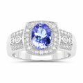 1.42 Ct Oval Violet Tanzanite Prong Silver Pave Halo Statement Ring by Fine Color Jewels
