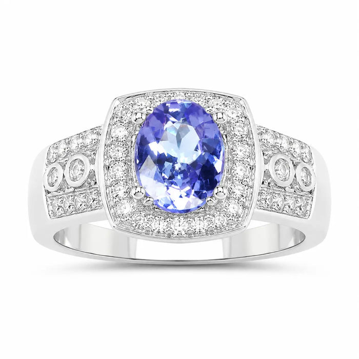 1.42 Ct Oval Violet Tanzanite Prong Silver Pave Halo Statement Ring by Fine Color Jewels