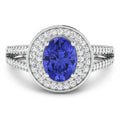 1.43 Ct Oval Violet Tanzanite and White Diamond Prong 14k Gold Halo Pave Statement Ring by Fine Color Jewels