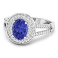 1.43 Ct Oval Violet Tanzanite and White Diamond Prong 14k Gold Halo Pave Statement Ring by Fine Color Jewels