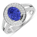 1.43 Ct Oval Violet Tanzanite and White Diamond Prong 14k Gold Halo Pave Statement Ring by Fine Color Jewels