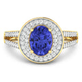 1.43 Ct Oval Violet Tanzanite and White Diamond Prong 14k Gold Halo Pave Statement Ring by Fine Color Jewels