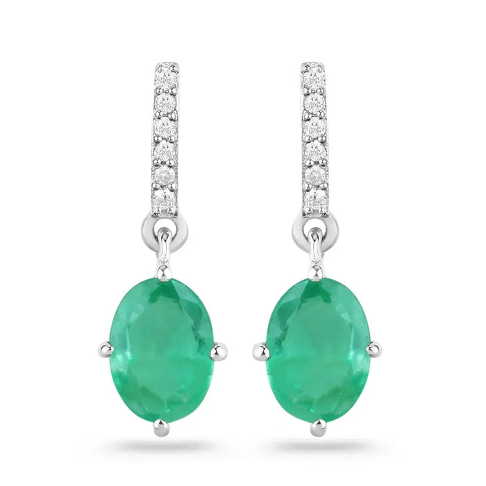 1.44 Ct Oval Green Zambian Emerald Diamond Prong 10K Gold Dangle Earrings by Fine Color Jewels