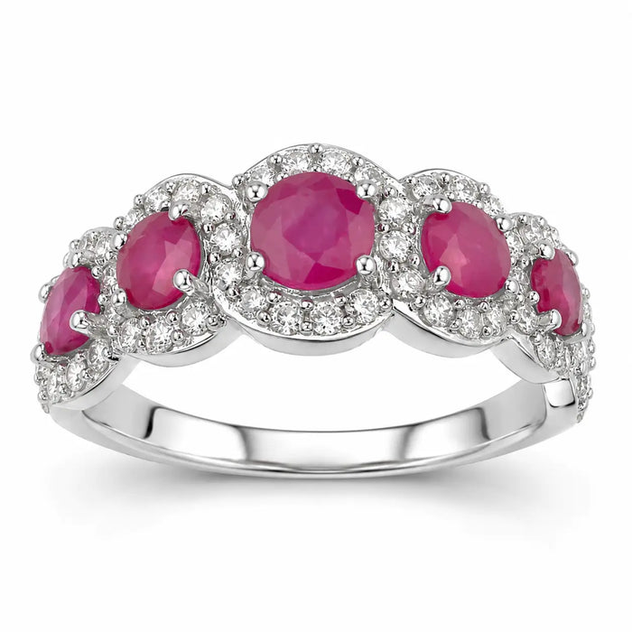 1.45 Ct Round Pink Ruby & Diamond Prong 14K White Gold Five Stone Halo Ring by Fine Color Jewels