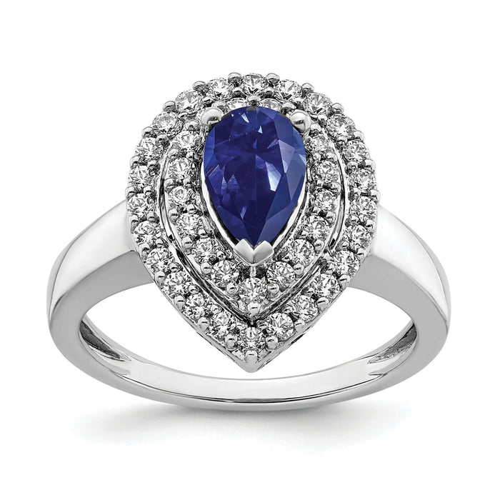 1.46 Ct Pear Blue Created Sapphire & Lab Diamond Prong 14K White Gold Double Halo Filigree Ring by Fine Color Jewels